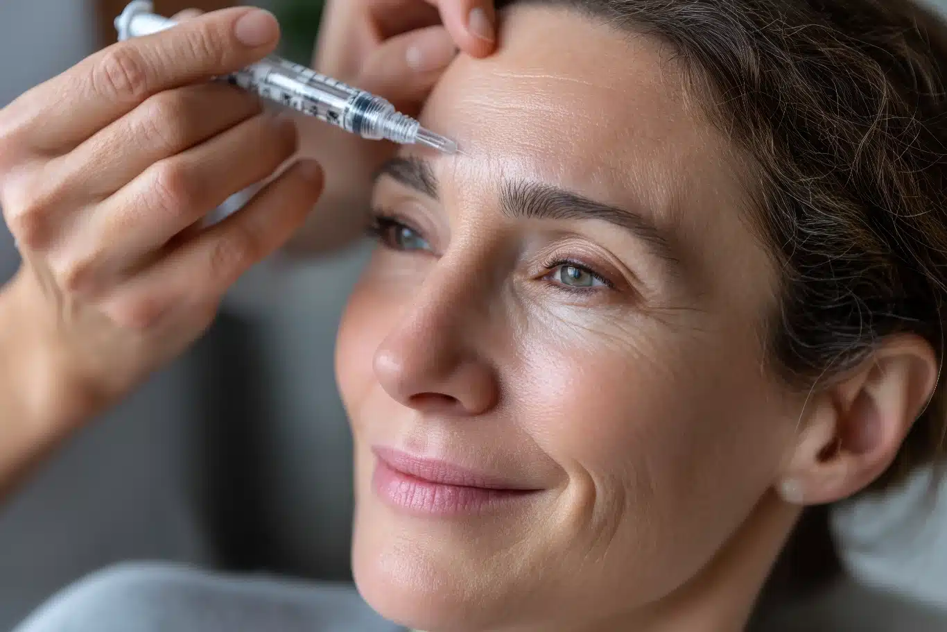 A skilled practitioner administers Botox injections Woman receiving forehead injection treatment for wrinkles